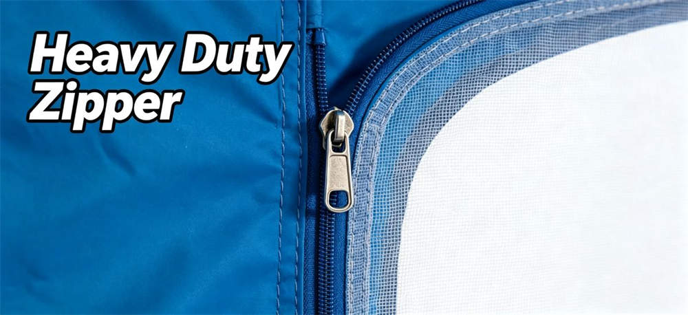 Close-up of relief tent door entrance with zipper and mesh screen