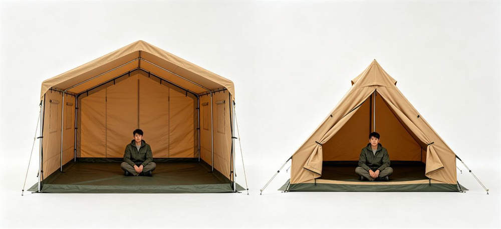 Two identical size tents showing different interior usable space