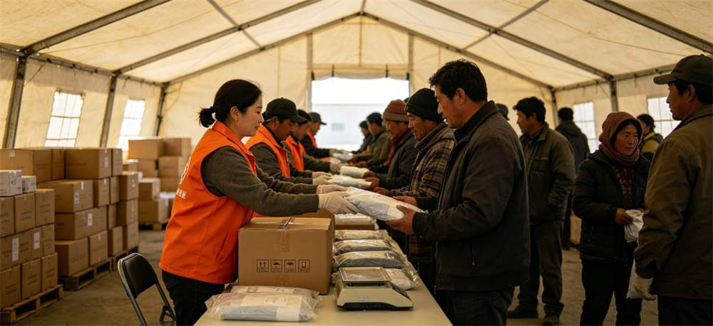 Relief supplies distribution from emergency shelter tent