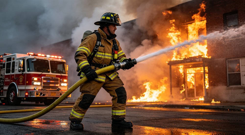 Structural firefighter hose operation scene showing visible product details for bulk protective equipment evaluation