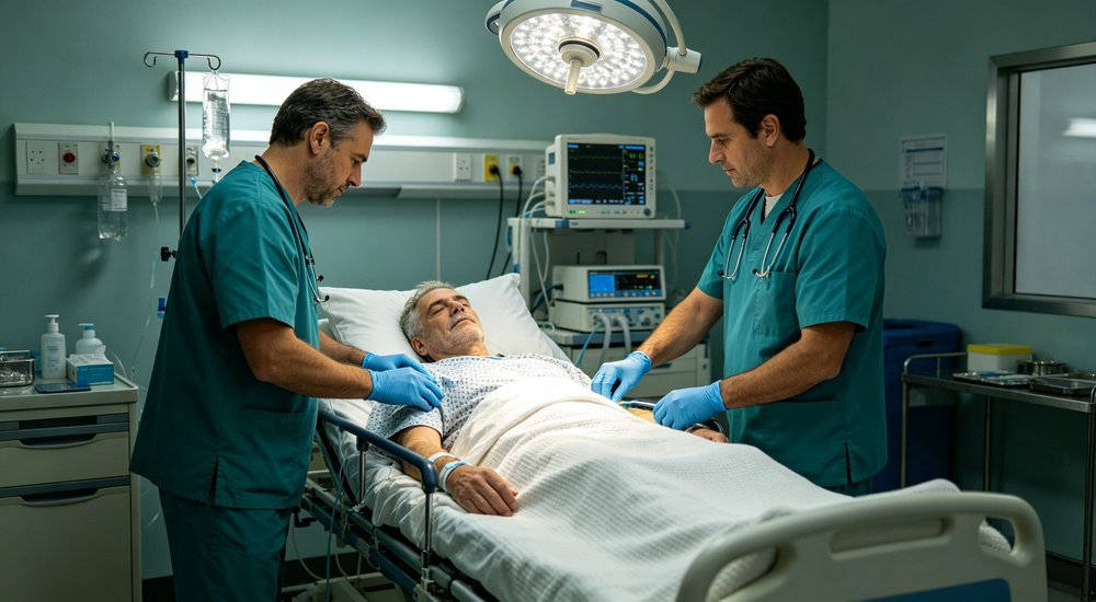 Medical emergency room treatment scene for fire rescue, industrial safety and institutional PPE purchasing decisions