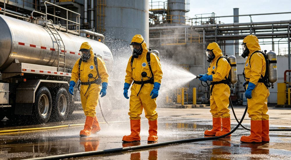 Hazmat chemical spill response scene showing visible product details for bulk protective equipment evaluation
