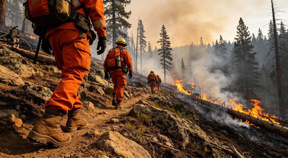 Wildland forest fire line firefighters scene for wholesale hand and foot protection selection and procurement review