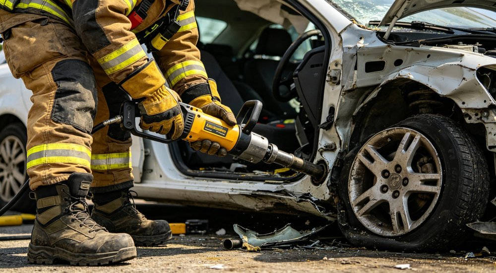 Vehicle rescue extrication hydraulic tools scene for fire rescue, industrial safety and institutional PPE purchasing decisions