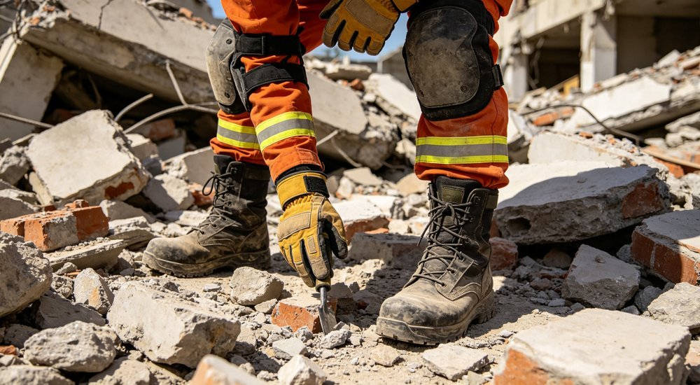 Earthquake rubble search rescue team scene showing visible product details for bulk protective equipment evaluation