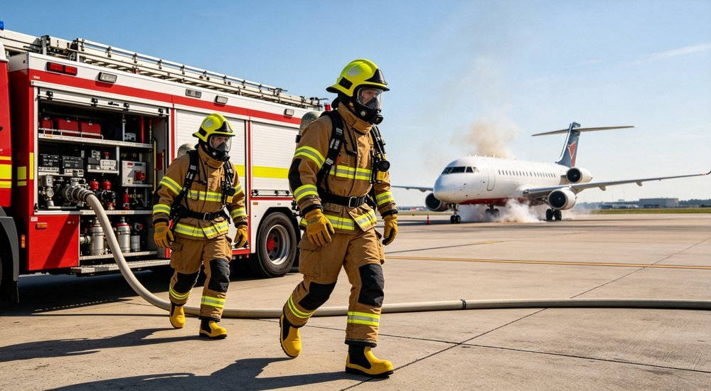 Airport firefighting aircraft emergency scene for comparing gloves, safety footwear and operational protection requirements