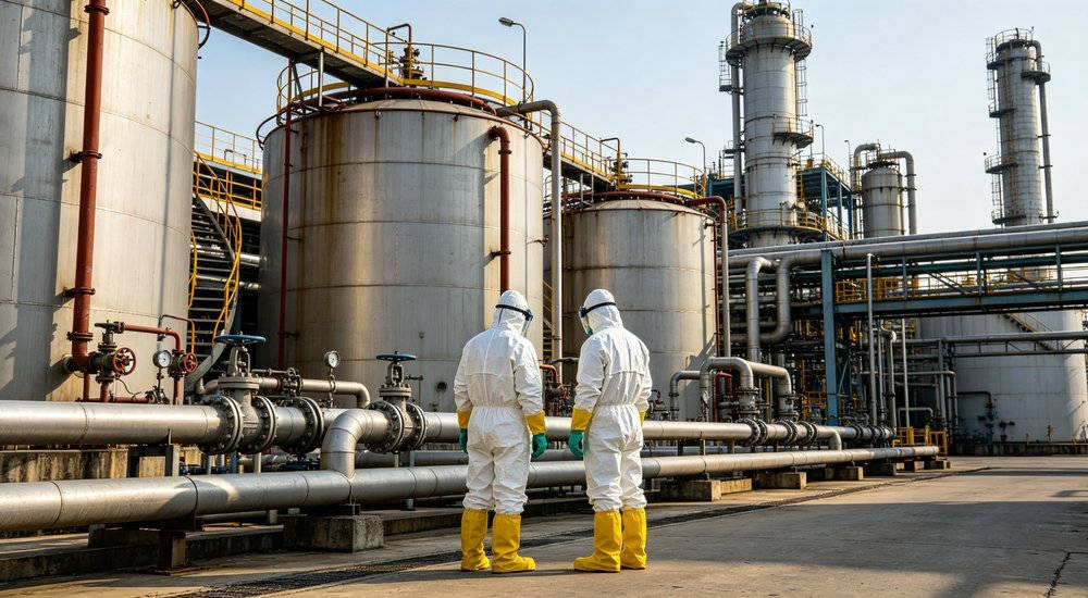 Chemical plant inspection workers scene for fire rescue, industrial safety and institutional PPE purchasing decisions