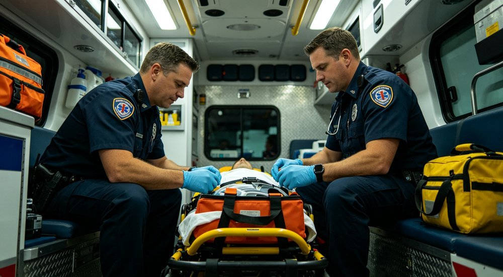Ambulance emergency medical technicians scene for fire rescue, industrial safety and institutional PPE purchasing decisions
