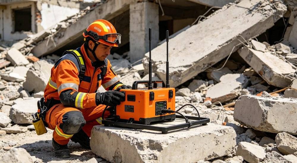 Life detection radar being used at earthquake collapse site by rescue team