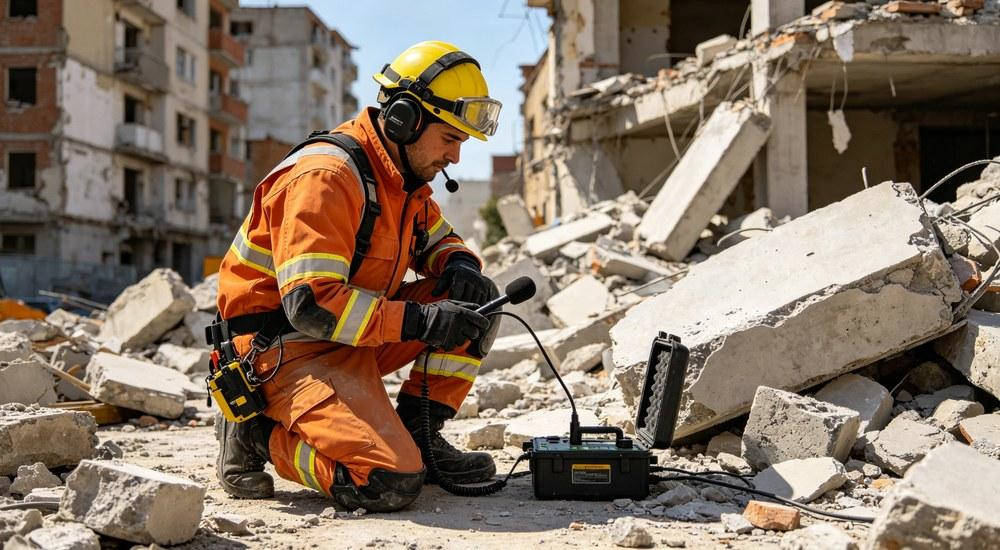 Rescue team using acoustic listening device at building collapse site