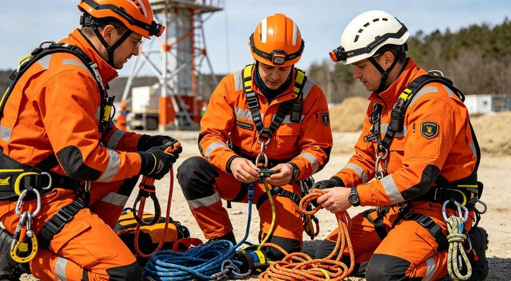 Technical rescue team reviewing rope and harness equipment before operation Technical rescue team reviewing rope and harness equipment before operation