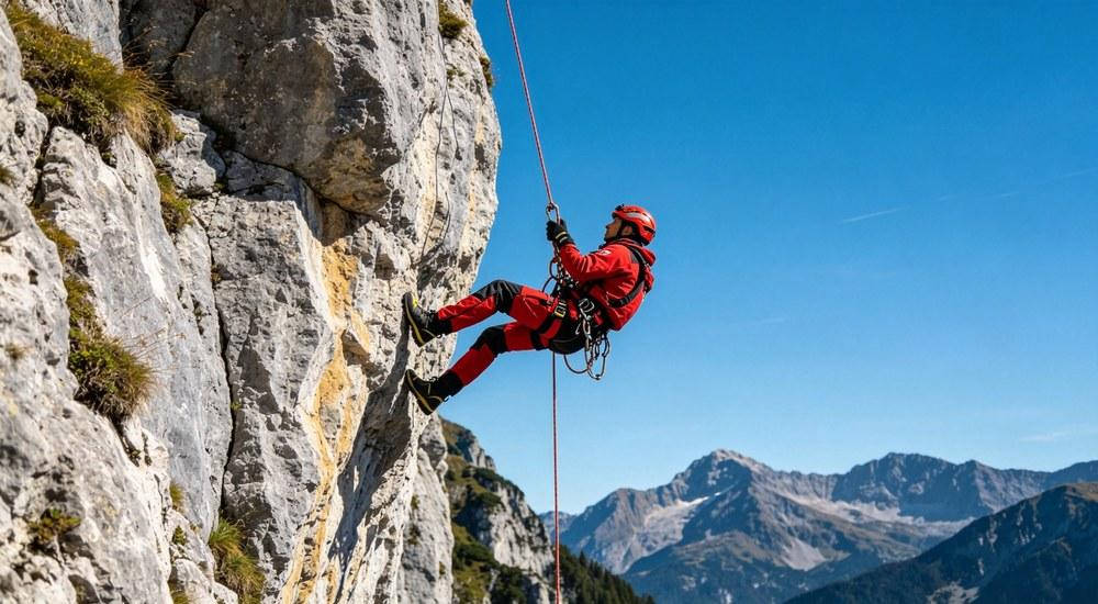 Mountain rescue team performing cliff rescue with rope systems and harnesses Mountain rescue team performing cliff rescue with rope systems and harnesses