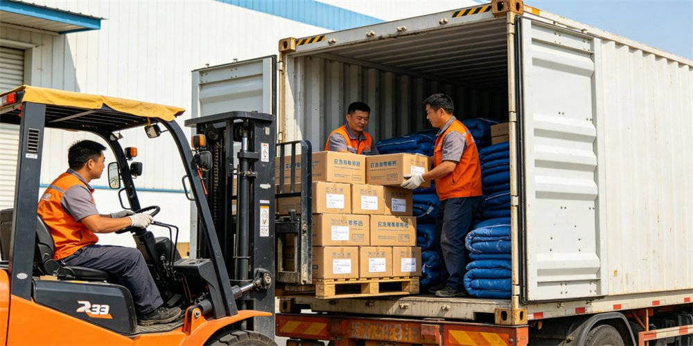 Earthquake relief distribution of emergency blankets and sleeping bags to affected families