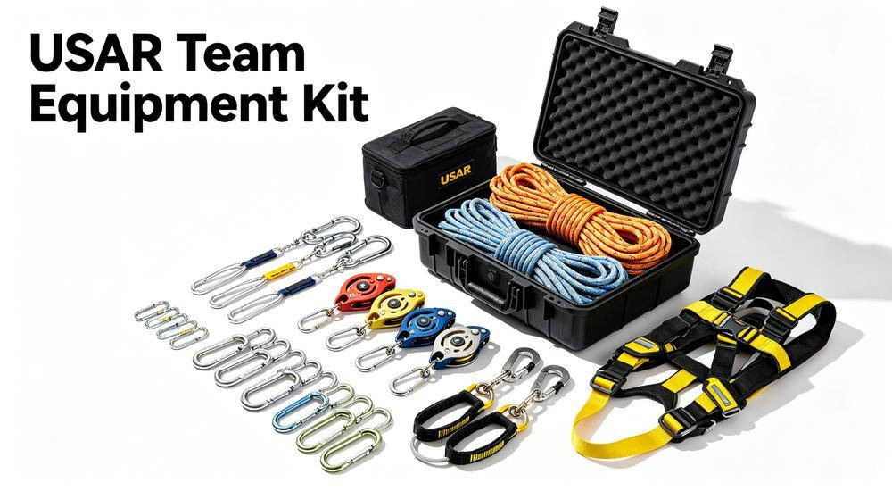 Complete USAR team equipment kit in hard transport case with ropes carabiners and harnesses Complete USAR team equipment kit in hard transport case with ropes carabiners and harnesses