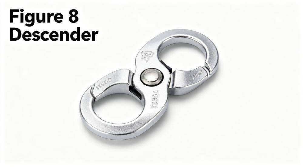 Silver aluminum figure 8 descender for rope rescue and rappelling on white background Silver aluminum figure 8 descender for rope rescue and rappelling on white background