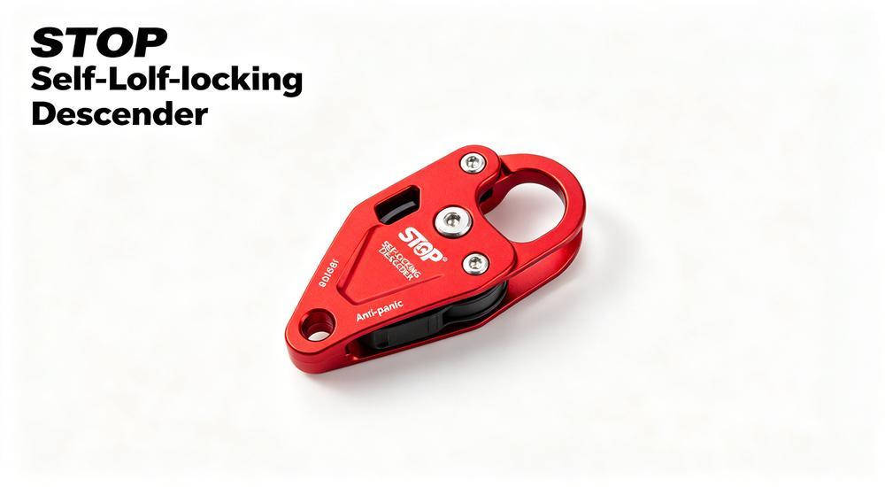 Red anodized STOP self-locking descender for controlled rope descent on white background Red anodized STOP self-locking descender for controlled rope descent on white background