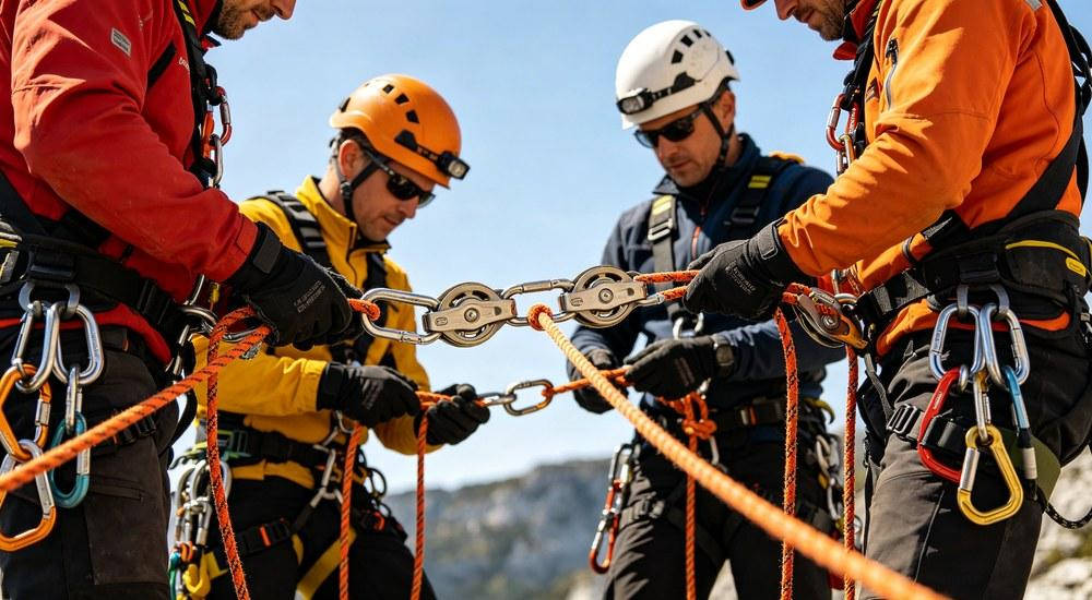 Rescue team setting up rope anchor system for vertical rescue operation