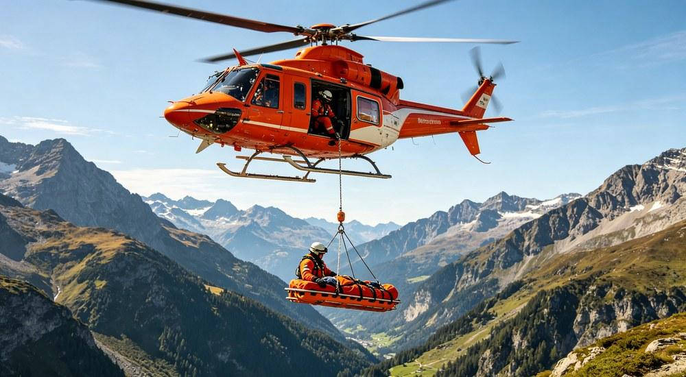 Helicopter hoist rescue operation using basket stretcher for patient transport Helicopter hoist rescue operation using basket stretcher for patient transport