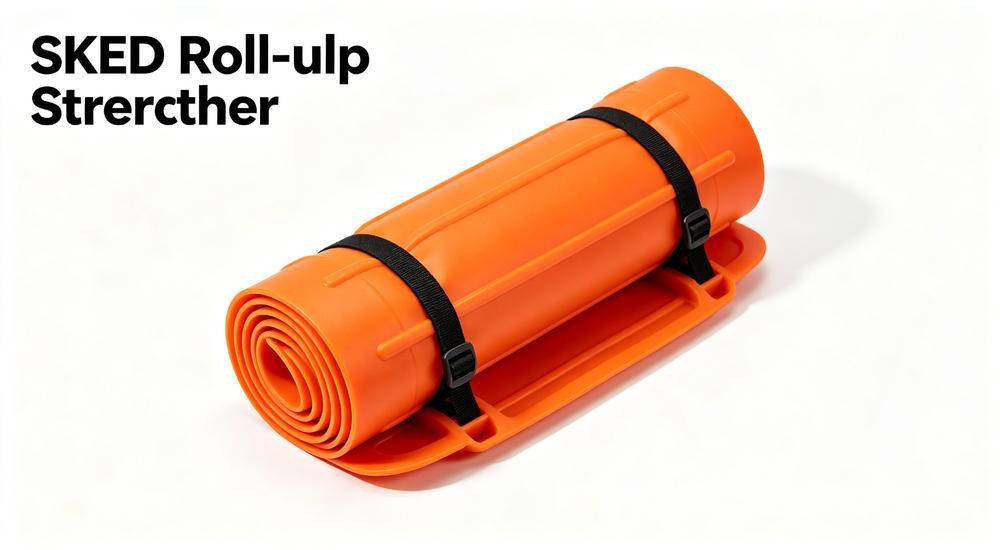 Orange SKED roll-up flexible rescue stretcher for confined space and tunnel rescue on white background
