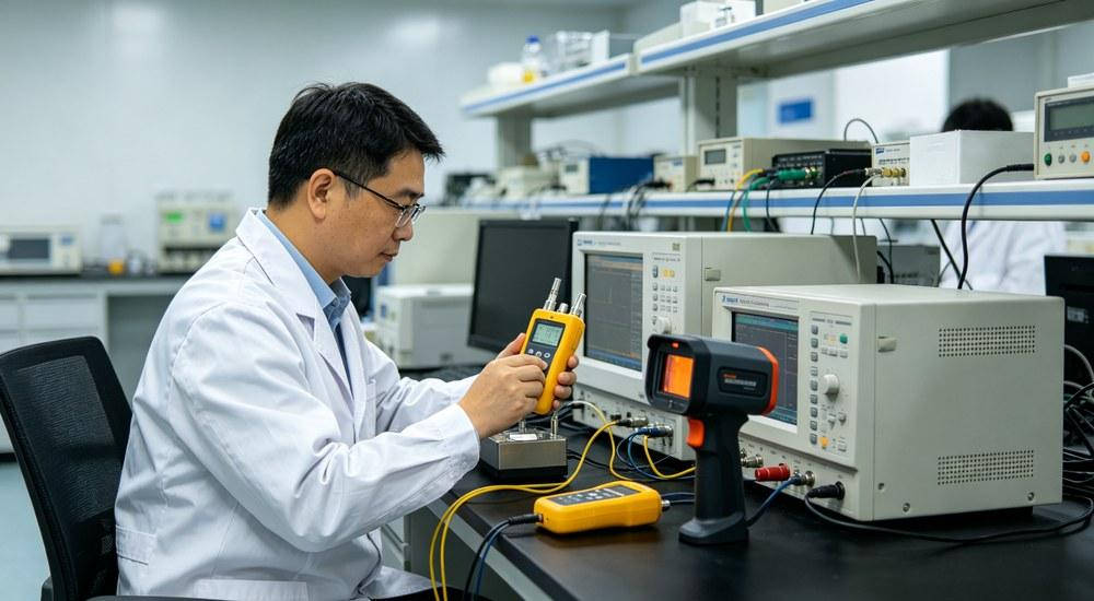 Quality control technicians performing electronic calibration in certified laboratory environment Quality control technicians performing electronic calibration in certified laboratory environment