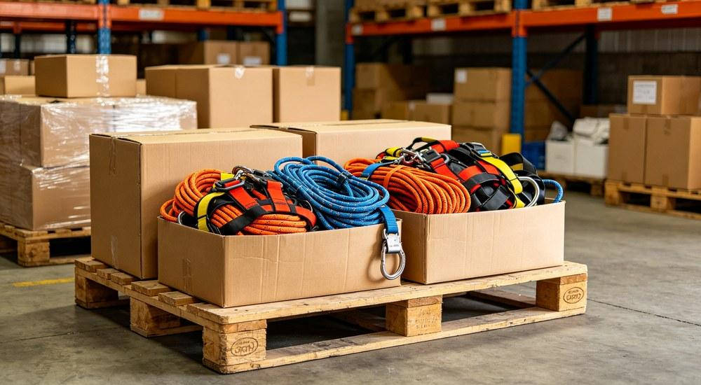 Rescue equipment being packed and prepared for export shipping in warehouse facility