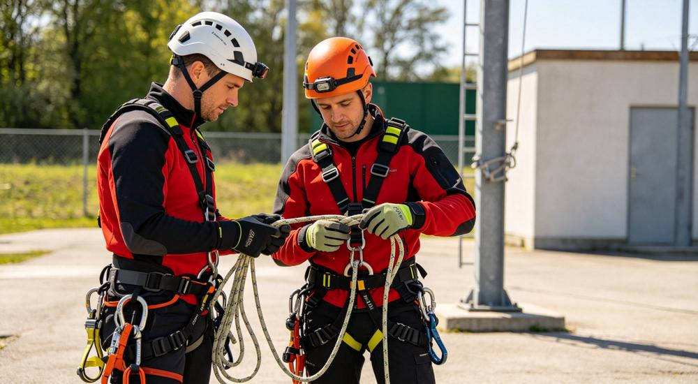 Rescue team inspecting rope and harness equipment during pre-shipment quality audit