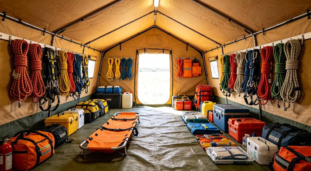 Emergency shelter rescue equipment being prepared for final shipment and delivery