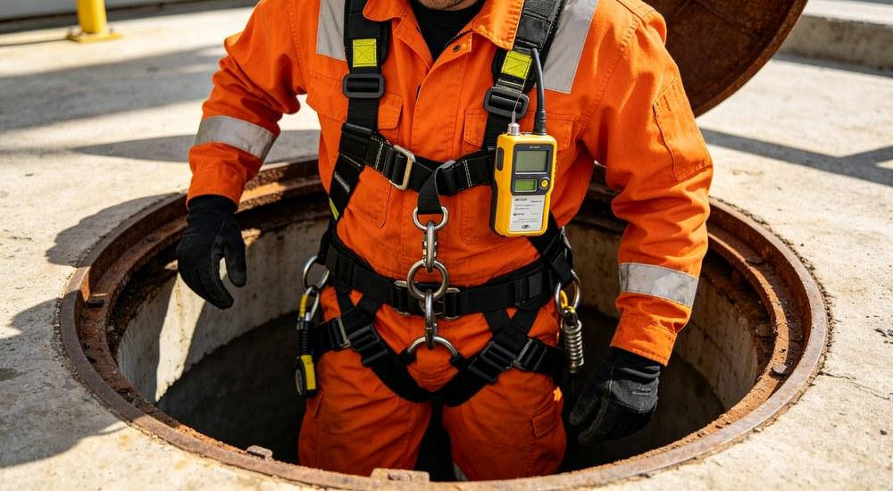 Rescue team performing gas detection in confined space entry operation Rescue team performing gas detection in confined space entry operation