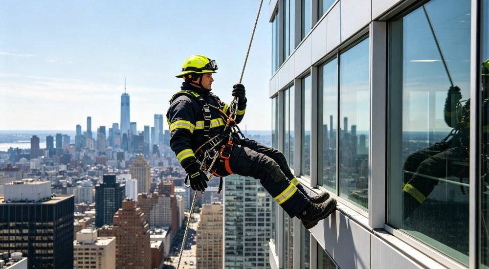 High-rise building rope rescue operation with firefighters using rope systems High-rise building rope rescue operation with firefighters using rope systems