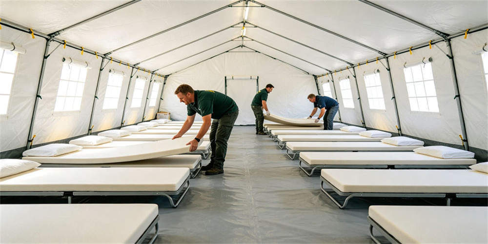 Emergency shelter tent with compressed foam mattresses being set up for disaster relief accommodation