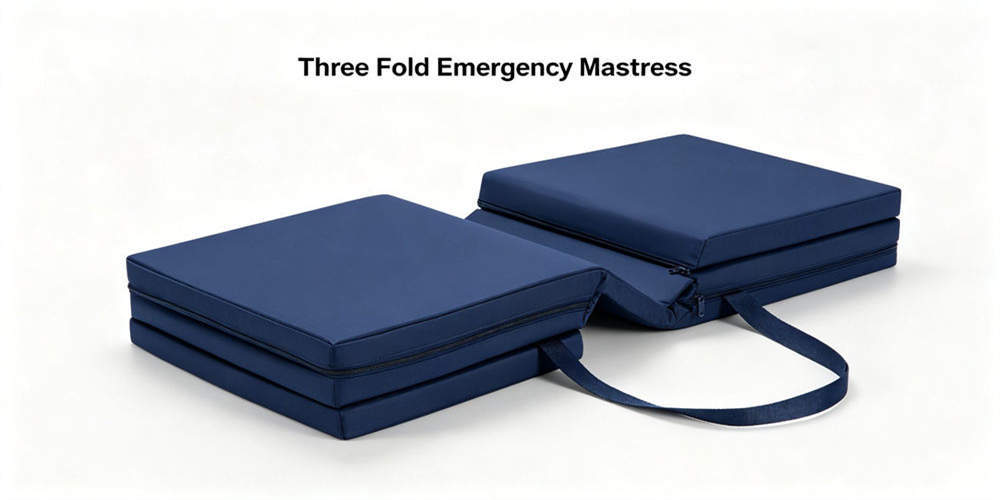 Three-fold portable foam mattress shown open and folded with carry handles and finished cover seams.