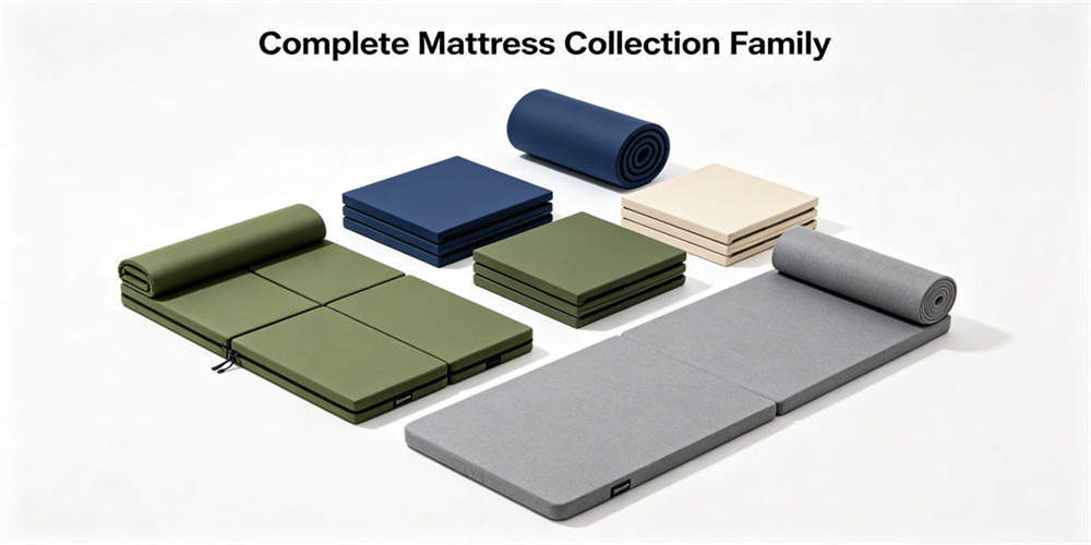 Complete family of folding, flat and roll-packed foam mattress formats for institutional supply planning.