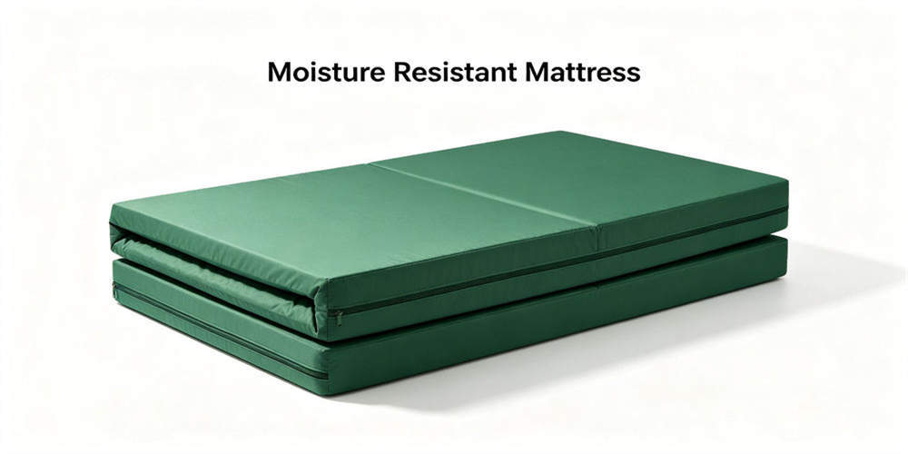 Moisture-resistant folding foam mattress shown as a complete finished product in folded and expanded form.