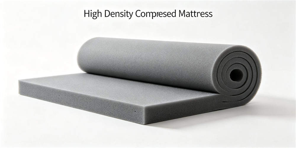High-density foam mattress shown in flat and roll-compressed forms for product-structure review.