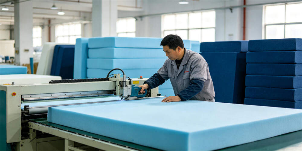 hospital waterproof mattress factory production foam cutting chinese worker YRF textile China manufactu