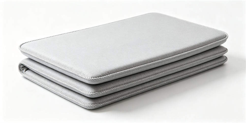 Thin gray synthetic-cover folding mattress shown as a complete finished product in stacked form.