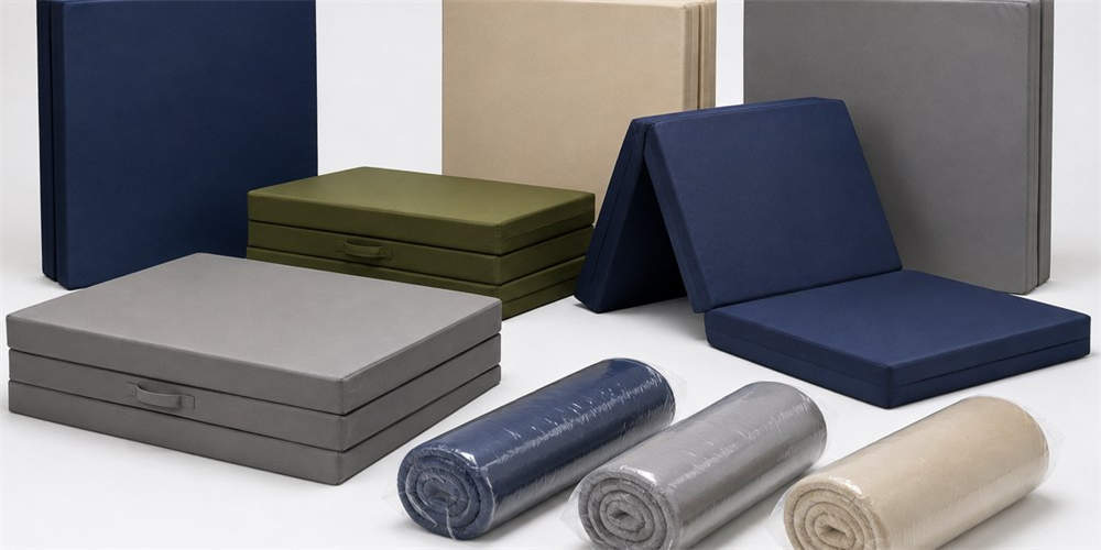 Portable folding and roll-packed foam mattress formats displayed for bulk project configuration.