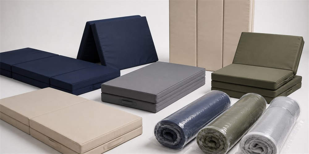 Institutional foam mattress assortment in folded, expanded and roll-packed formats for order planning.