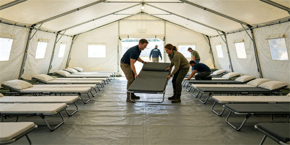 Finished foam mattresses being prepared across organized beds inside a temporary emergency shelter.