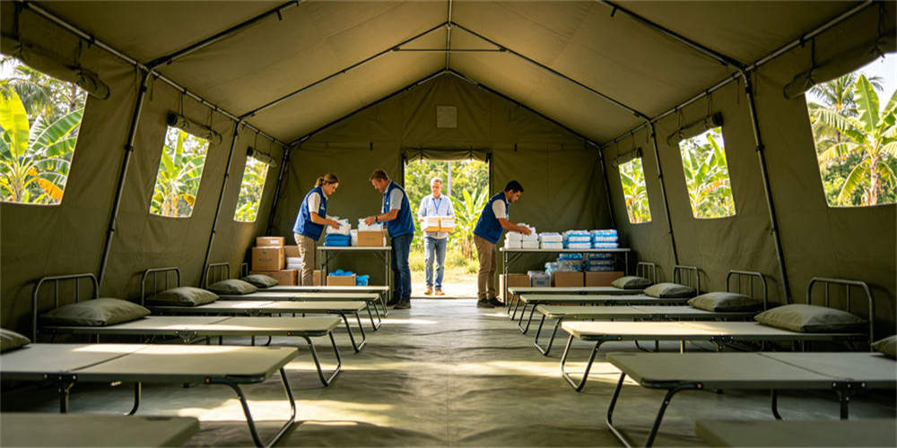Finished foam mattresses arranged on cots inside a tropical-climate emergency tent during an organized facility setup.