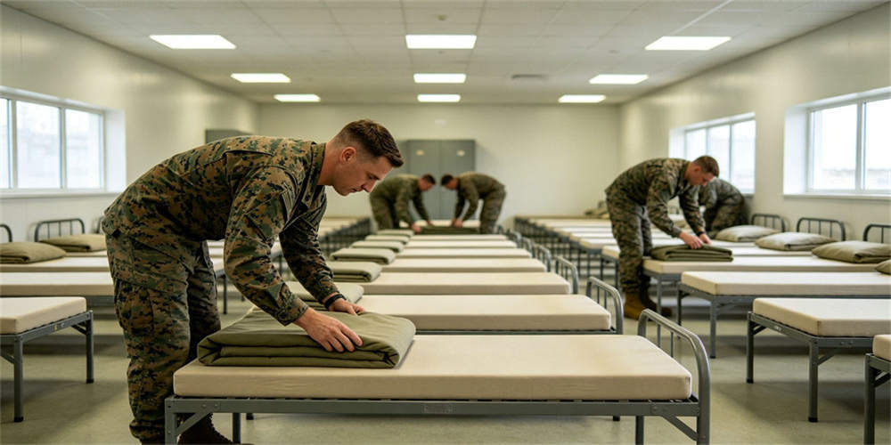 Folding foam mattresses being arranged on institutional beds in a military barracks sleeping area.