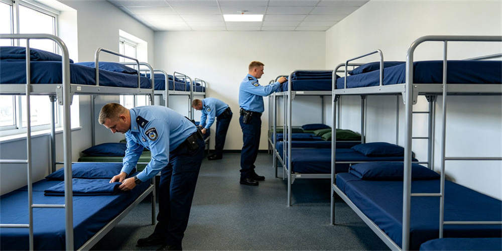 Finished foam mattresses being arranged on bunk beds in a training-centre dormitory during an organized facility setup.