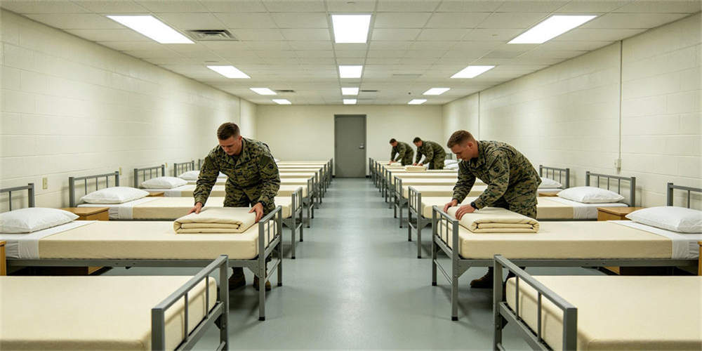 Institutional foam mattresses being prepared on rows of beds in a field camp sleeping facility in an organized setup.