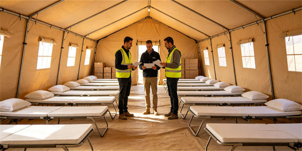 Finished foam mattresses prepared on organized beds inside a temporary camp shelter during an organized facility setup.