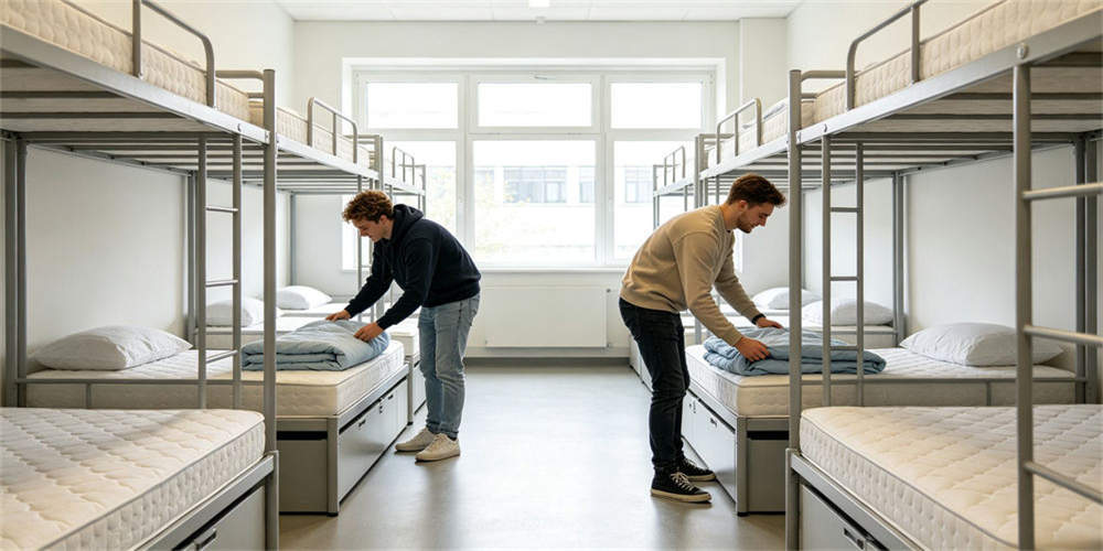 Folding mattresses being fitted to bunk beds in a clean institutional school dormitory during an organized facility setup.