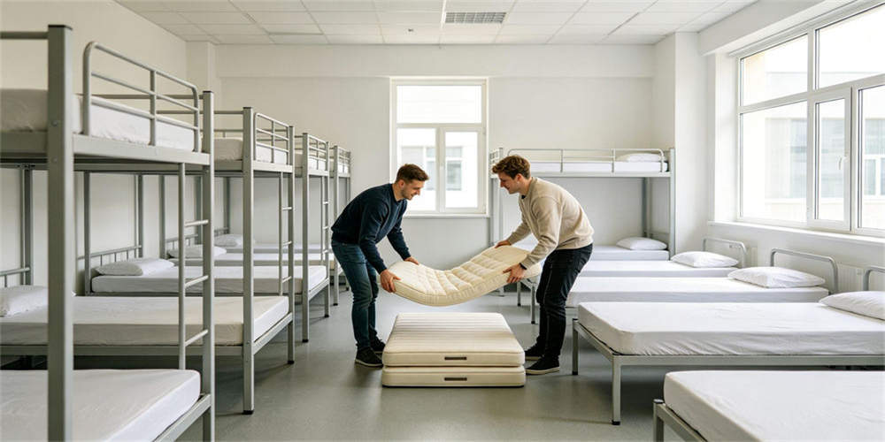Folding foam mattresses being prepared on institutional beds in a university dormitory room in an organized setup.
