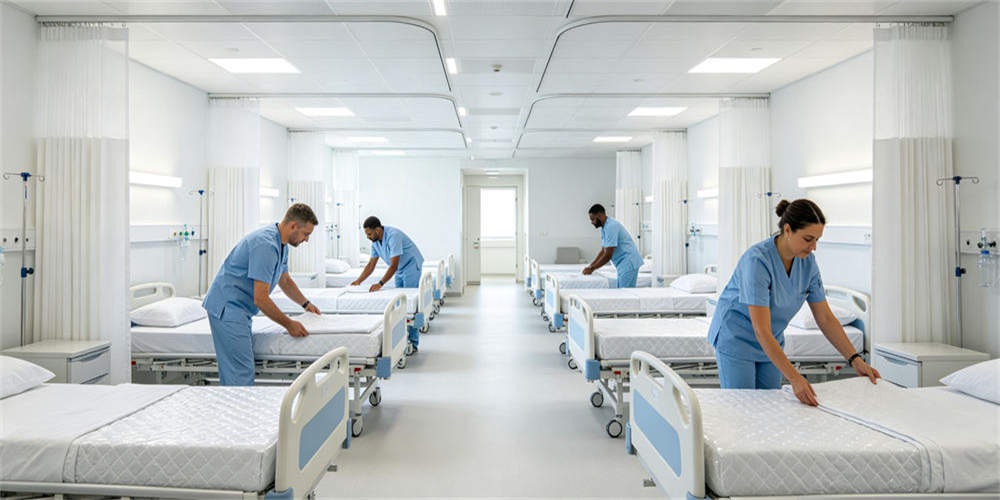 Finished foam mattresses in use on organized hospital ward beds during routine room preparation.