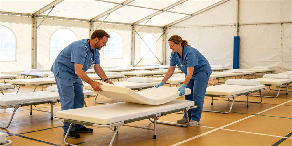 Finished foam mattresses being placed on temporary clinic beds in an organized medical facility.