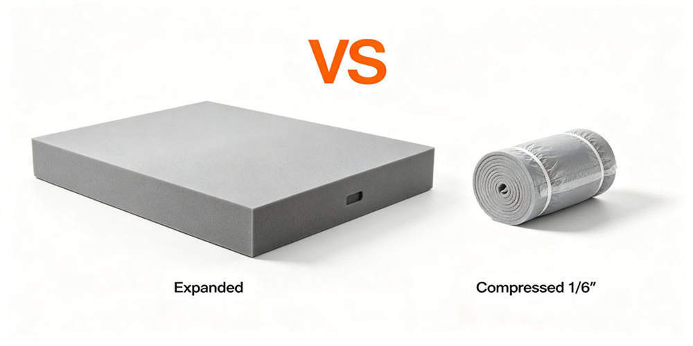 Expanded and roll-compressed foam mattress forms shown side by side for visible shipping-volume comparison.