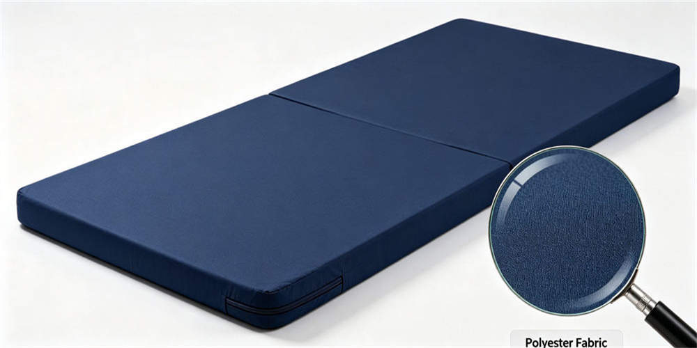 Synthetic mattress cover shown on complete folding pads with a magnified view of the visible fabric surface.